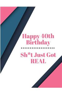 Happy 40th Birthday Sh*t Just Got Real: Pink Gray Black Pattern Bday Celebration Notebook