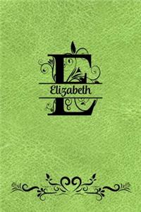 Split Letter Personalized Journal - Elizabeth: Elegant Flourish Capital Letter on Spring Green Leather Look Background