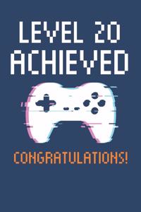 Level 20 Achieved Notebook, Gamers 20th Birthday Blank Lined Journal