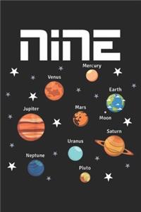 nine mercury venus earth jupiter mars moon neptune uranus saturn pluto