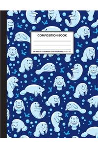 Cute Composition Notebook College Ruled. For Manatee Lovers, Blue Pattern
