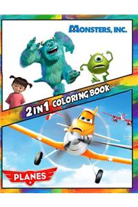2 in 1 Coloring Book Monsters Inc and Planes: Best Coloring Book for Children and Adults, Set 2 in 1 Coloring Book, Easy and Exciting Drawings of Your Loved Characters and Cartoons