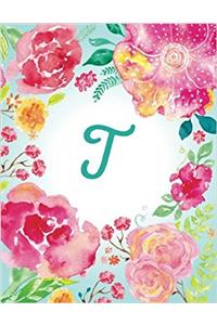 T - Pink Teal Watercolor Floral Initial Journal (Personal Journal)