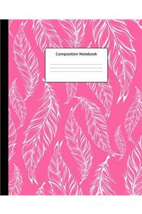 Composition Notebook: Pink White Feather Pattern College Ruled Blank Lined Cute Notebooks for Girls Women Teens Kids School Writing Notes Journal (7.5 X 9.25 In)