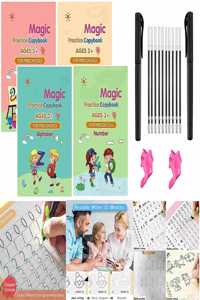 Shnmn Sank Magic Practice Copybook, (4 Book +1 Pen + 10 Refill) Number Tracing Book For Preschoolers With Pen, Magic Calligraphy Books For Kids Reusable Writing Tool