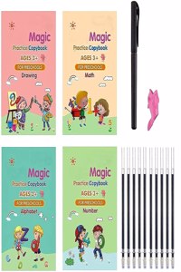Cardex Magic Practice Copy Books Set Of 4 Magic Writing & Drawing Books Kit Calligraphy Books For Kids Alphabets For Kids Learning Handwriting Practice Copybook For Kids With Pen Set For Preschooler