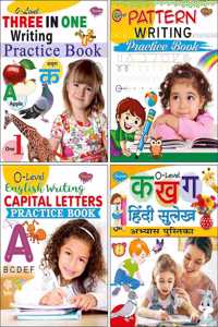Set Of 4 Books, O-Level : Three In One Writing Practice Book, Pattern Writing Practice Book, English Writing Capital Letters Practice Book And Kha Ka Ga Hindi Sulekh Abhyas Pustika
