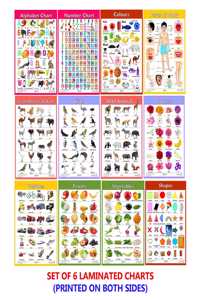 Early Learning Educational Chart Set For Kids | Set Of 6 Laminated Charts ( Printed On Both Sides ) | Non-Tearable And Waterproof | Size : 31 X 46 Cm | Alphabet, Numbers, Animals, Fruits, Vegetables..