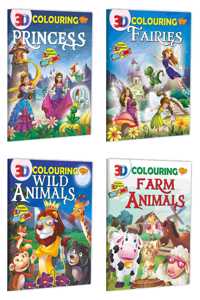 Sawan Set Of 4 3D Colouring Books (3D Colouring: Princess, Fairies, Wild Animals, Farm Animals)