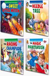 Sawan Story Books For Beginners & Early Readers Pack Of 4 Books (The Magic Paintbrush, The Needle Tree, The Racing Champion, The Sweet Little Witch)