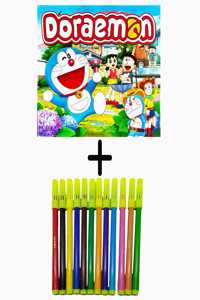 Colouring Book Of Doraemon With Sketch Pen Combo Set [ 12 Sketch Pen Multicolour ] For Kids & Childrens | Fun Activity Colouring Book | Sketch Pen Set | Crayons Set | Colouring | Drawing