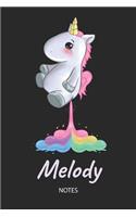 Melody - Notes: Noms Personnalisé Carnet de notes / Journal pour les filles et les femmes. Kawaii Licorne pétant arc-en-ciel. Accessoires de licorne amusants et fou