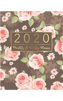 2020 Monthly & Weekly Planner: Floral Gold Design - 12 Months Calendar with US Holidays - Weekly and Monthly View Planner from January 2020 to December 2020 - Schedule and Organiz