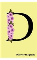 D Password Logbook: Large Print Password Book, Cute yellow cover with name letter monogram cherry blossom, 6" x 9" 6x9 password organizer, glossy cover, 110 pages, hand