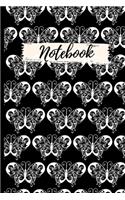 Notebook: Butterflies, Black White Monochrome pattern.Elegant Victorian style.Size 6" x 9" .120 Lined Pages