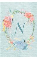 Notebook 6"x9" - Initial N - Light Blue and Pink Floral Design