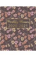 2020-2021 Monthly Planner: Floral Brown Gold Design - Two Year Monthly Planner from January 2020 to December 2021 Calendar - 24 Months with US Holidays - 2 Year Schedule and O