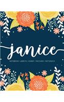 Janice: Notebook - Libreta - Cahier - Taccuino - Notizbuch: 110 pages paginas seiten pagine: Modern Florals First Name Notebook in Orange, Mint & Yellow on 