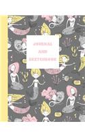 Journal and Sketchbook: Half Blank Half Lined Mixed Paper Notebook - Whimsical Mermaid Illustration Pattern Cover Design in Yellow, Grey, and Pink