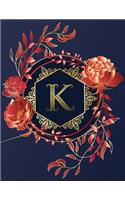 Journal Notebook Initial Letter "K" Monogram: Elegant, Decorative Wide-Ruled Diary. Featuring Unique Red/Peach Roses & leaf design, Navy Blue Background and Gold Hexagonal Frame around a Scroll 