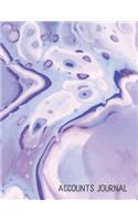 Accounts Journal: Account journal, space for keeping track of cash or check payments, features columns for description, reference, and debit or credit, purple cover.