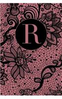 R: Letter R Journal, Black Flowered Lace on Rose Gold, Personalized Notebook Monogram Initial, 6 X 9