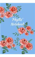 Phyllis' Notebook: Personalized Journal - Garden Flowers Pattern. Red Rose Blooms on Baby Blue Cover. Dot Grid Notebook for Notes, Journaling. Floral Watercolor Design