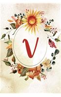 Notebook 6"x9", Letter V, Orange Green Floral Design