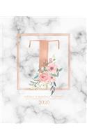 Weekly & Monthly Planner 2020 T: Rose Gold Marble Monogram Letter T with Pink Flowers (7.5 x 9.25 in) Vertical at a glance Personalized Planner for Women Moms Girls and School