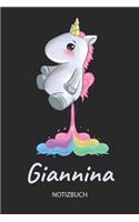 Giannina - Notizbuch: Individuelles personalisiertes Mädchen & Frauen Namen blanko Regenbogen pupsendes Einhorn Notizbuch. Liniert leere Seiten. Ideal als Uni & coole Sch