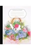 Composition Notebook: 7.5X9.25 Inch 109 Pages Nifty Watercolor Roses Floral Basket Half Blank Half Wide Ruled School Exercise Book With Picture Space For Adults Teens Boy
