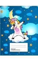 Wide Ruled Composition Notebook: Writing Book Journal, Soft Cover, Blank Lined Paper, 100 Pages, Cute Animal Designs Dabbing Unicorn for Kids Blue