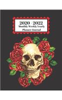 2020 - 2022 Monthly Weekly Yearly Planner Journal: Human Skull Bone Red Rose Flowers Design Cover 2 Year Planner Appointment Calendar Organizer And Journal Notebook