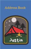 Justin: Personalized Address Book for Kids who Love Camping and Summer Camp