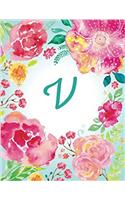 V: Initial Journal, Monogram Notebook. Pink Teal Watercolor Floral, 8.5 X 11, Dotted, Softcover