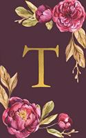 T: Personalized Initial Monogram Blank Lined Notebook Journal Printed Peony flowers, for Women and Girls 6x9 inch. Christmas gift, birthday gift idea