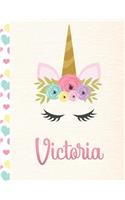 Victoria: Personalized Unicorn Primary Story Journal For Girls With Pink Name - Half Ruled Dotted Midline and Blank Picture Space - Kindergarten to Early Chil