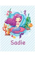 Sadie: Mermaid Notebook for Girls 8.5x11 Wide Ruled Blank Lined Journal Personalized Diary Gift