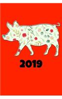 2019: Lucky Floral Pig Happy Chinese Lunar New Year 2019 Red Notebook Gift