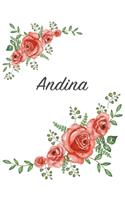 Andina: Personalized Notebook with Flowers and First Name - Floral Cover (Red Rose Blooms). College Ruled (Narrow Lined) Journal for School Notes, Diary Wri