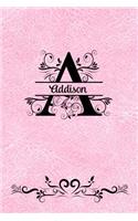 Split Letter Personalized Journal - Addison: Elegant Flourish Capital Letter on Light Pink Leather Look Background