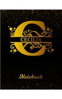 Cecilia Notebook: Letter C Personalized First Name Personal Writing Notepad Journal Black Gold Glittery Pattern Effect Cover College Ruled Lined Paper for Journalists