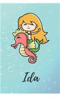 Ida: süßes personalisiertes Meerjungfrauen Schreibheft / Notizbuch / Tagebuch - viele Vornamen verfügbar - 100 Seiten liniert - Seepferdchen Tagebuch - S