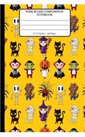 Wide Ruled Composition Notebook 6" x 9". 120 Pages.: Book Cover With Beautiful Funny Cartoon Halloween Monsters Background Pattern.