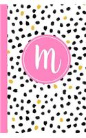 M: Confetti Polka Dot Letter M Monogram Personalized Journal, Black White & Pink Monogrammed Notebook, Lined 6x9 Inch College Ruled 120 Page Perfect Bo