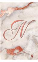N: Letter N Journal, Rose Gold on Rose Gold Marble, Personalized Notebook Monogram Initial, 6 X 9