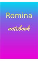 Romina: Blank Notebook - Wide Ruled Lined Paper Notepad - Writing Pad Practice Journal - Custom Personalized First Name Initial R Blue Purple Gold - Taking 