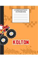 Compostion Notebook Kolton: Monster Truck Personalized Name Kolton on Wided Rule Lined Paper Journal for Boys Kindergarten Elemetary Pre School