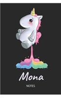 Mona - Notes: Noms Personnalisé Carnet de notes / Journal pour les filles et les femmes. Kawaii Licorne pétant arc-en-ciel. Accessoires de licorne amusants et fou