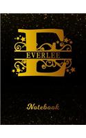 Everlee Notebook: Letter E Personalized First Name Personal Writing Notepad Journal Black Gold Glittery Pattern Effect Cover College Ruled Lined Paper for Journalists